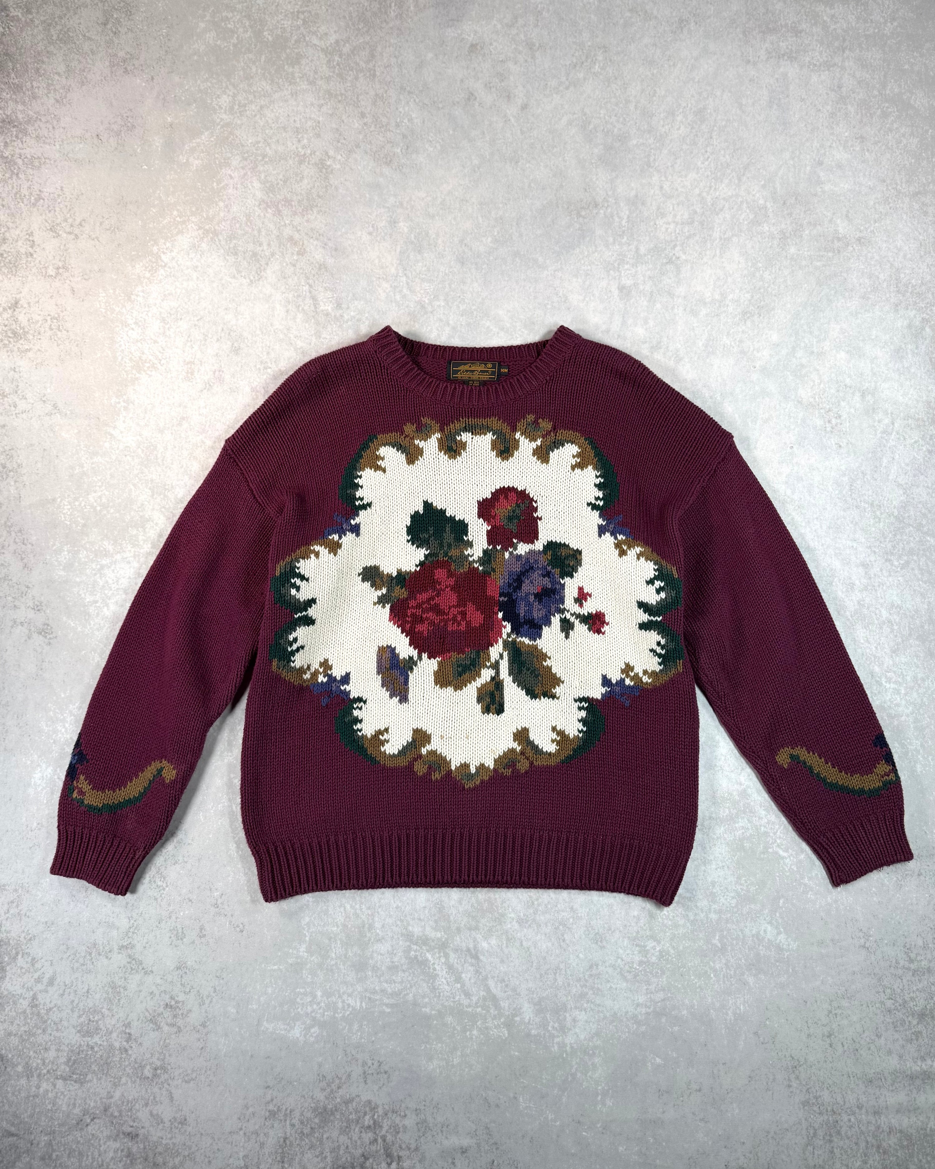 Vintage 1992 Eddie Bauer Knit Flower Sweater Burgundy (M)