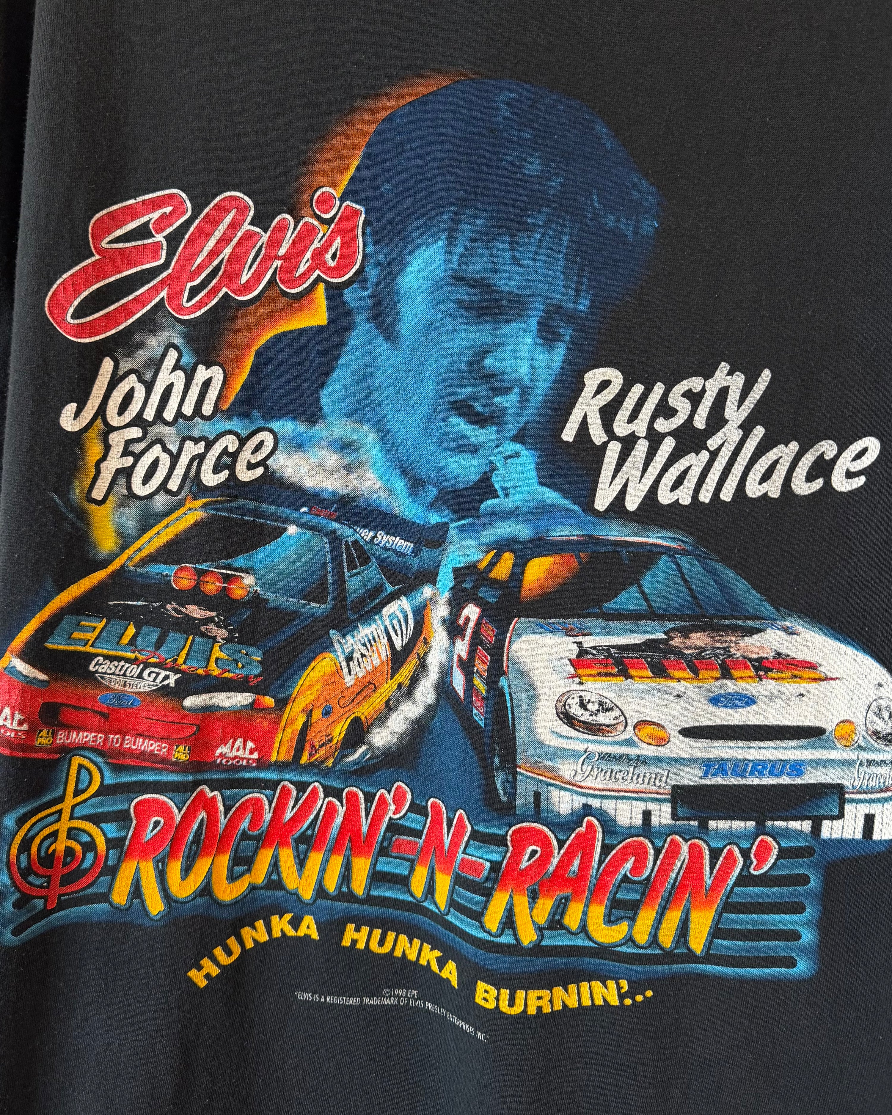 Vintage 1998 Elvis Racing T-Shirt, Rusty Wallace & John Force (XL)