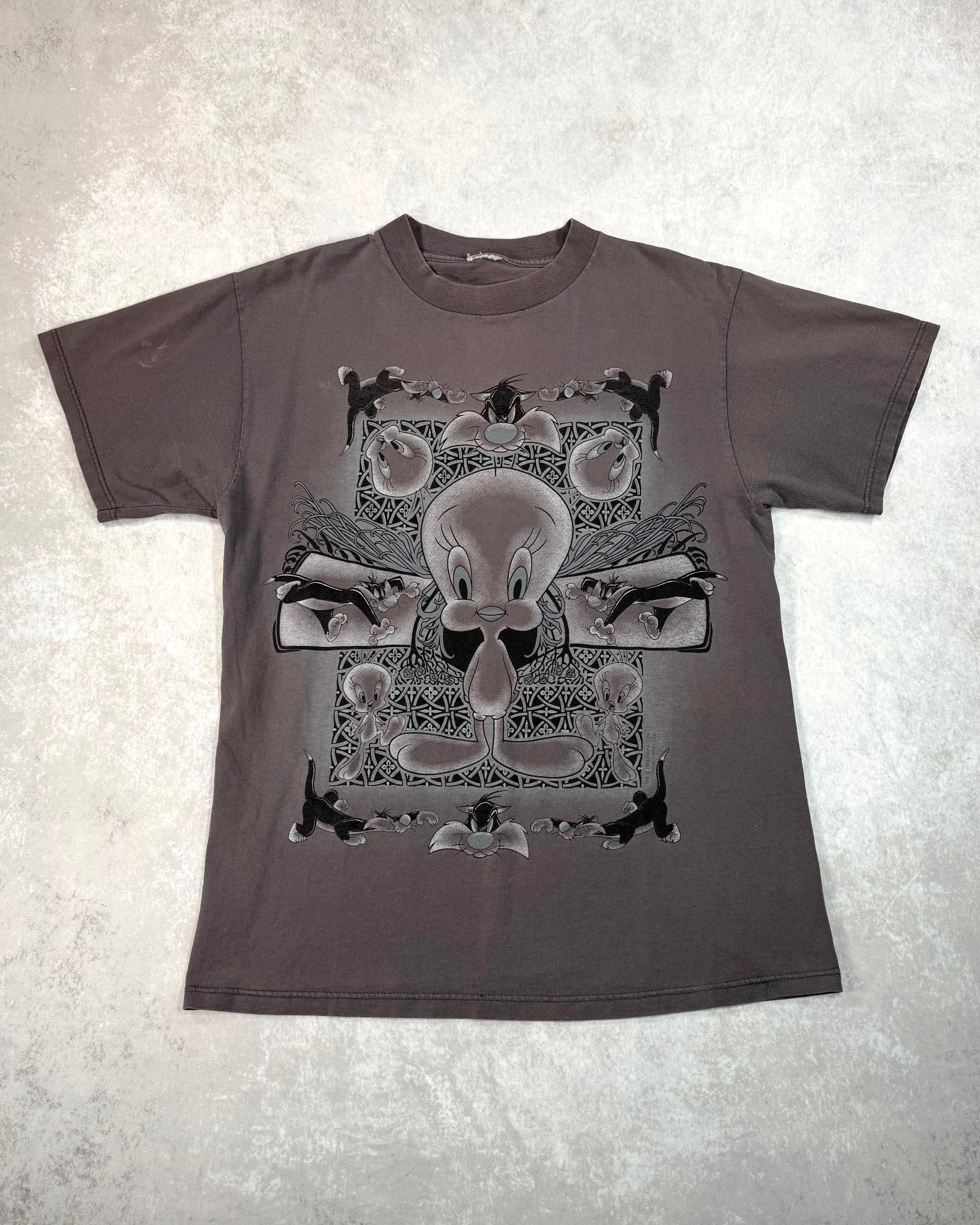 Vintage 1995 Looney Tunes Tweety Bird T-Shirt Faded Grey (L)