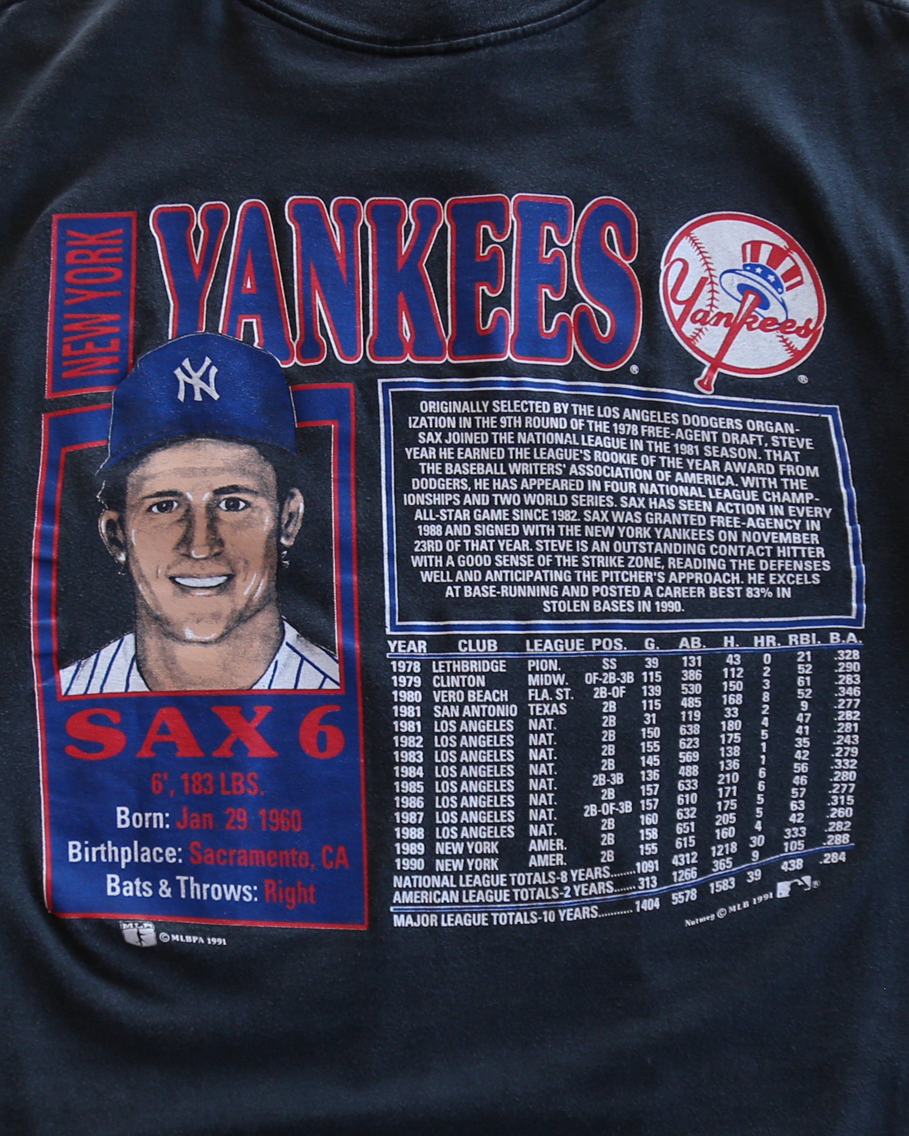 Vintage 1991 Yankees Steve Sax Nutmeg Player T-Shirt (L)