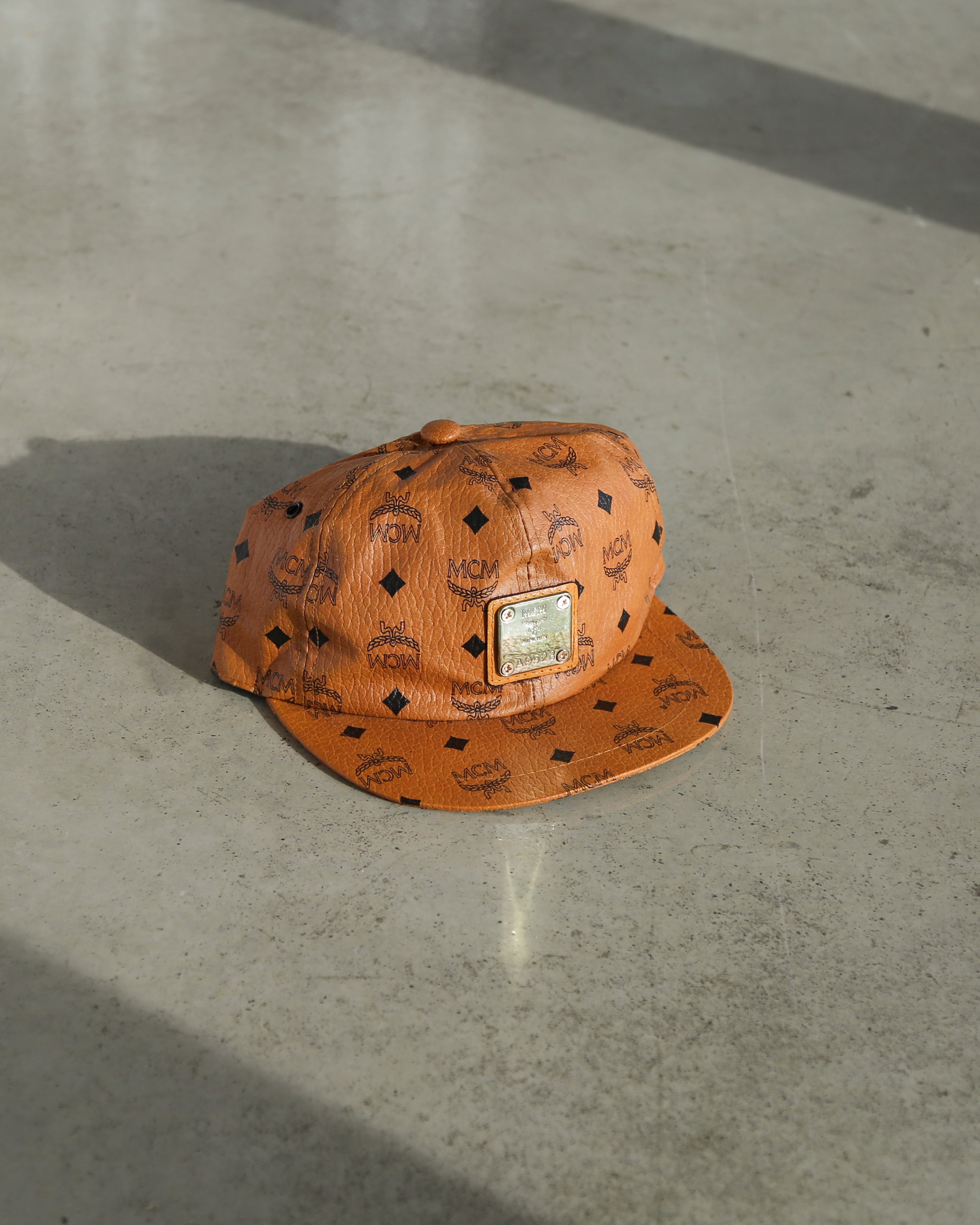 Vintage 80s MCM Cognac Faux Leather Snapback Hat