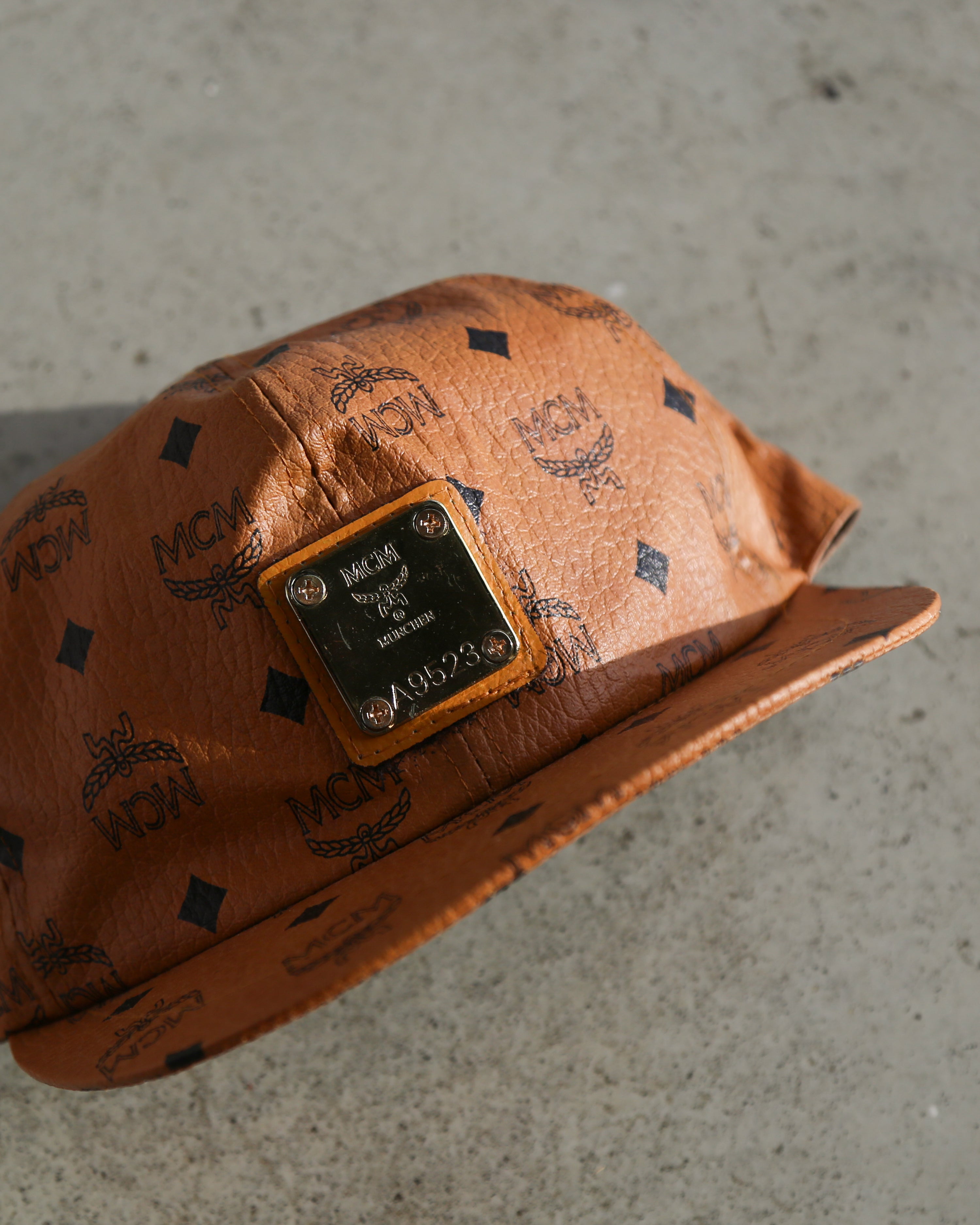 Vintage 80s MCM Cognac Faux Leather Snapback Hat