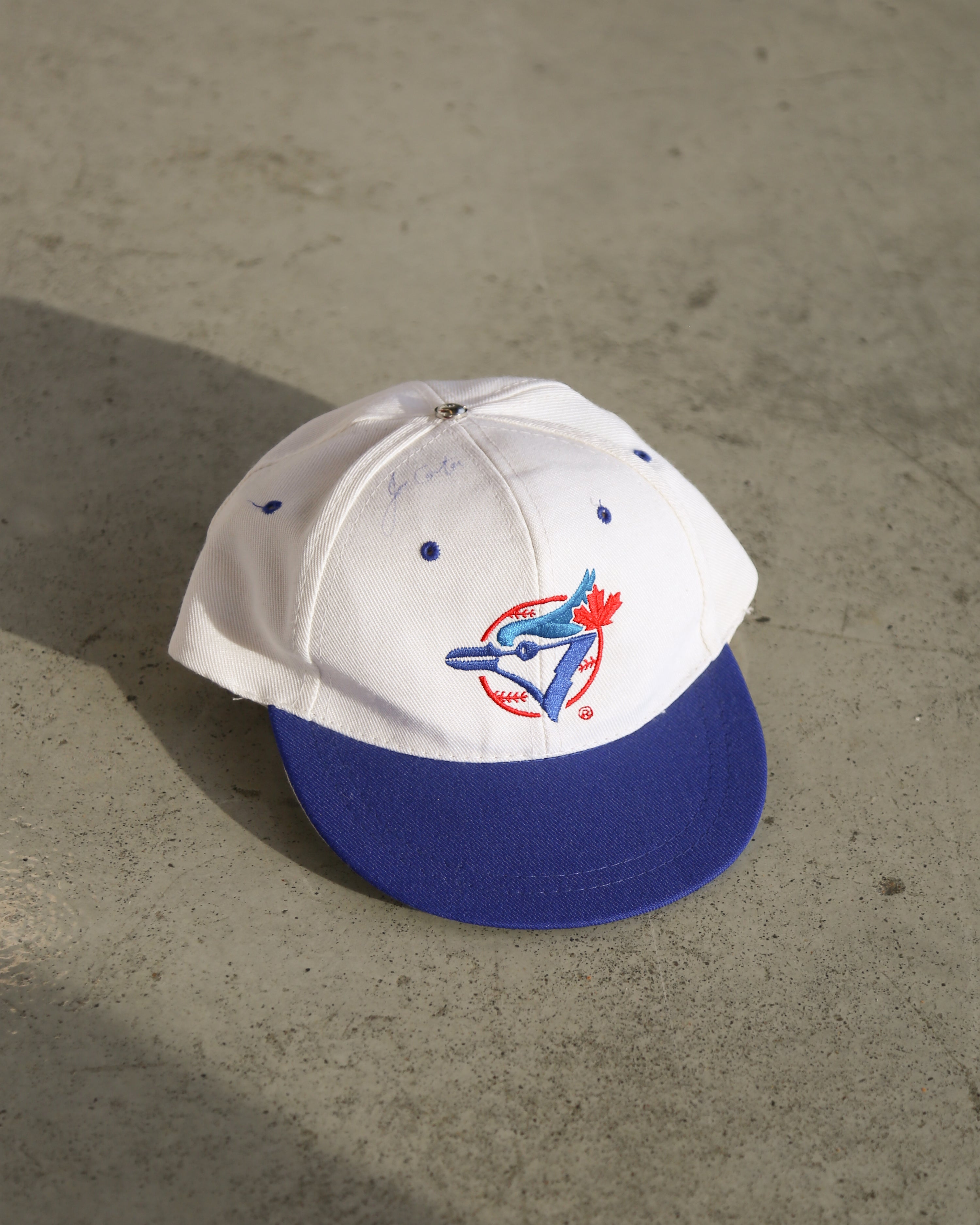 Vintage 90s Toronto Blue Jays Youth Snapback Hat Autographed by Joe Carter