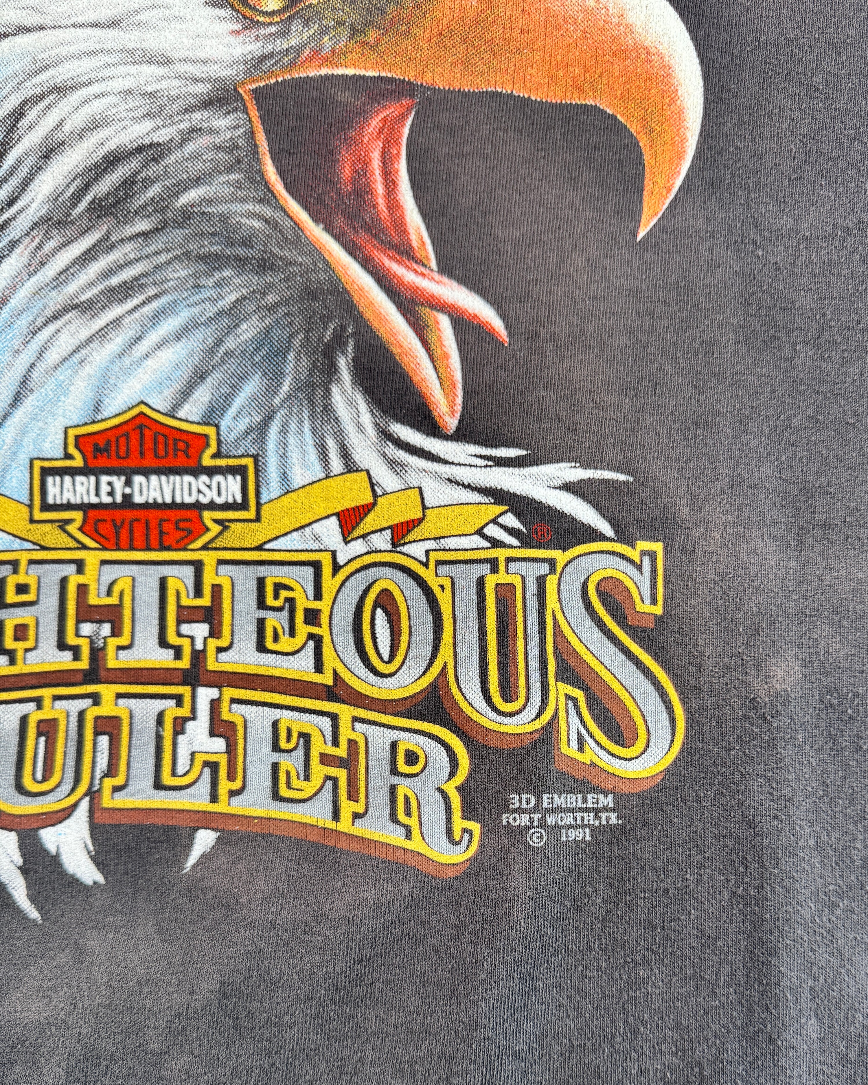 Vintage 1991 Harley Davidson 3D Emblem "Righteous Ruler" Faded T-Shirt (L)