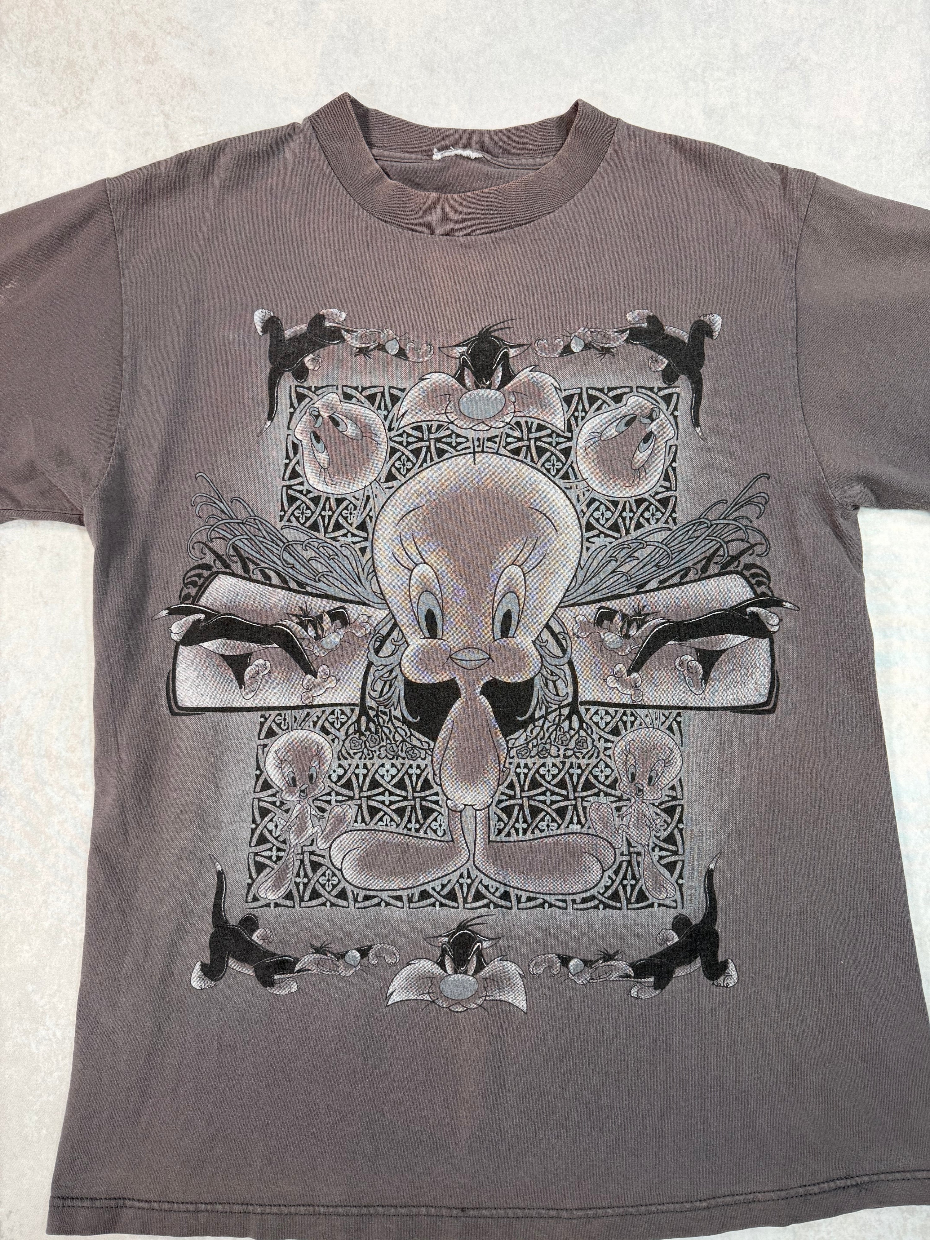 Vintage 1995 Looney Tunes Tweety Bird T-Shirt Faded Grey (L)