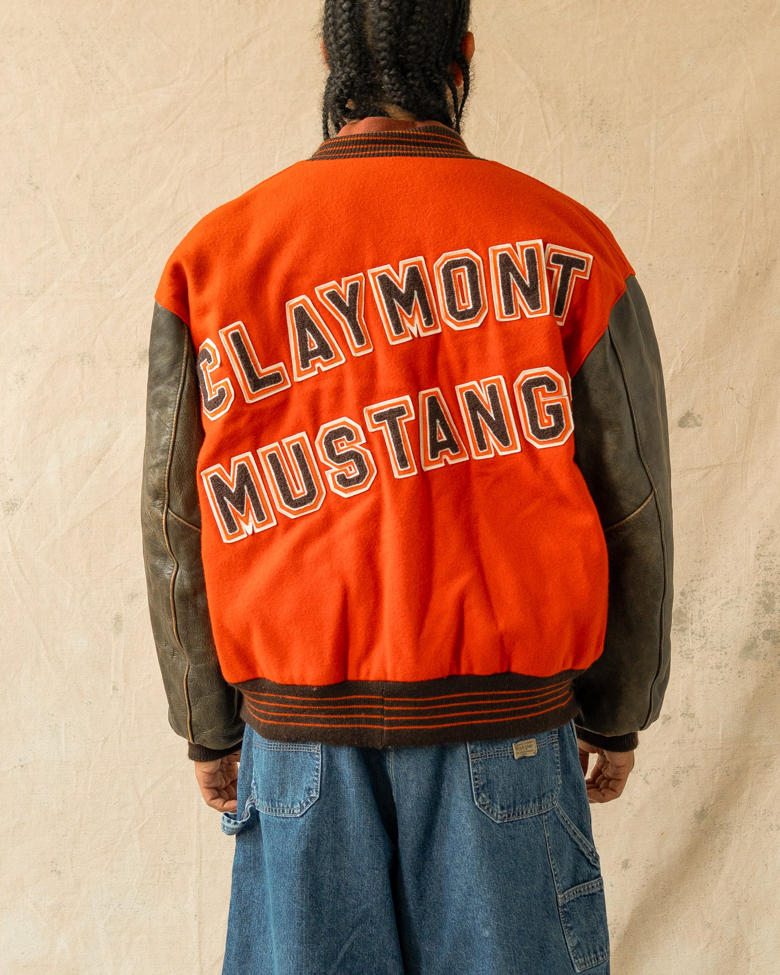 Vintage 90s Claymont Mustangs Varsity Jacket Orange (XL)