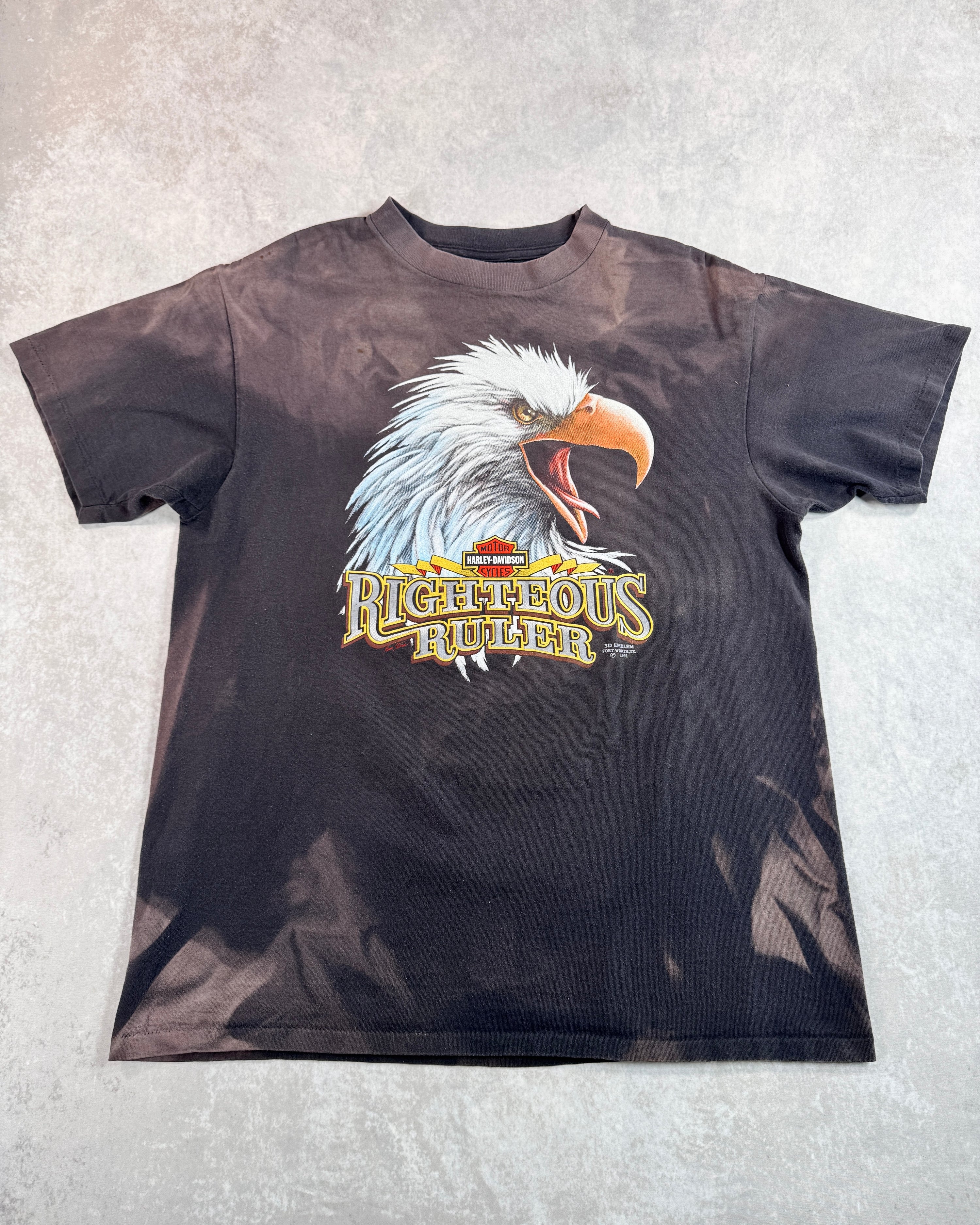 Vintage 1991 Harley Davidson 3D Emblem "Righteous Ruler" Faded T-Shirt (L)