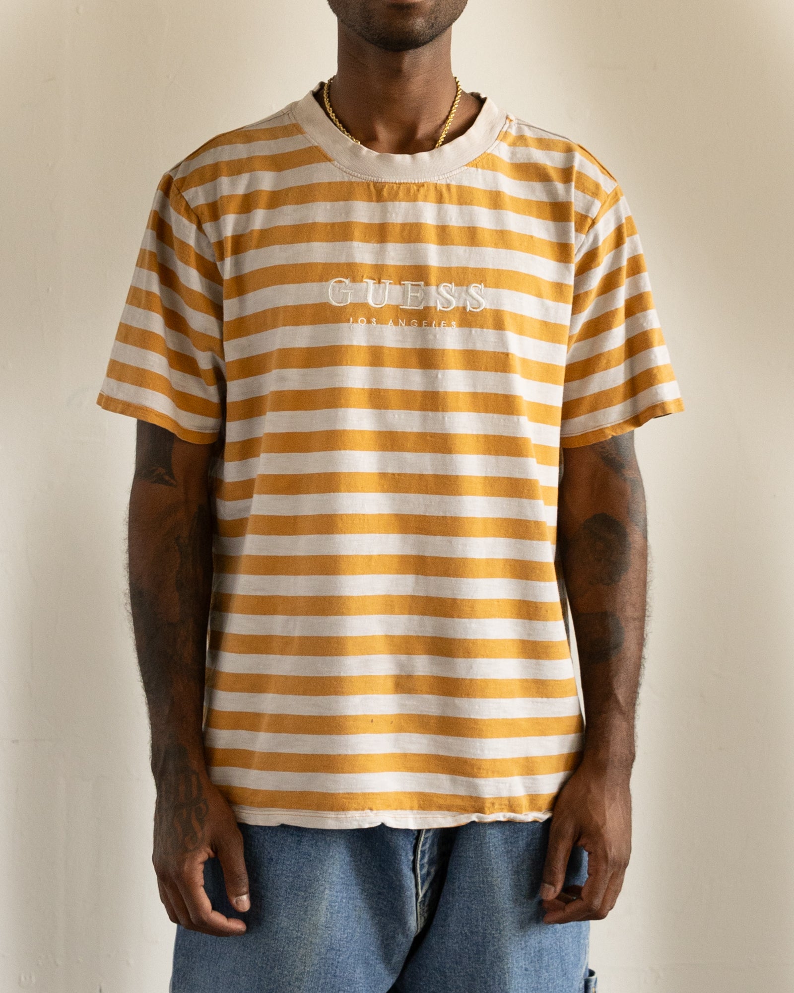 Vintage Y2K Guess Striped T-Shirt Mustard (L)