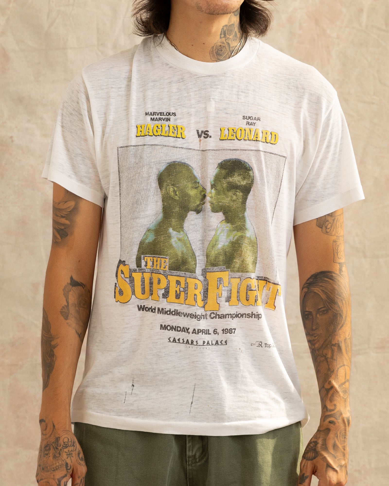 Vintage 1987 Hagler vs Leonard "Super Fight" Boxing T-Shirt White (L)