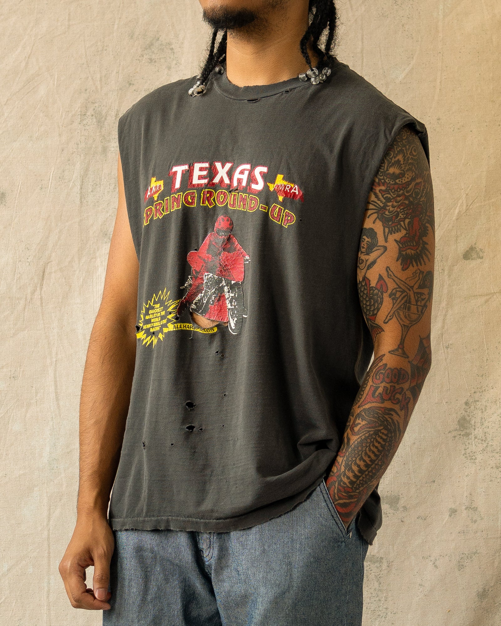 Vintage 90s Texas Spring Round Up Motorcycle Cut-off T-Shirt Black (L)