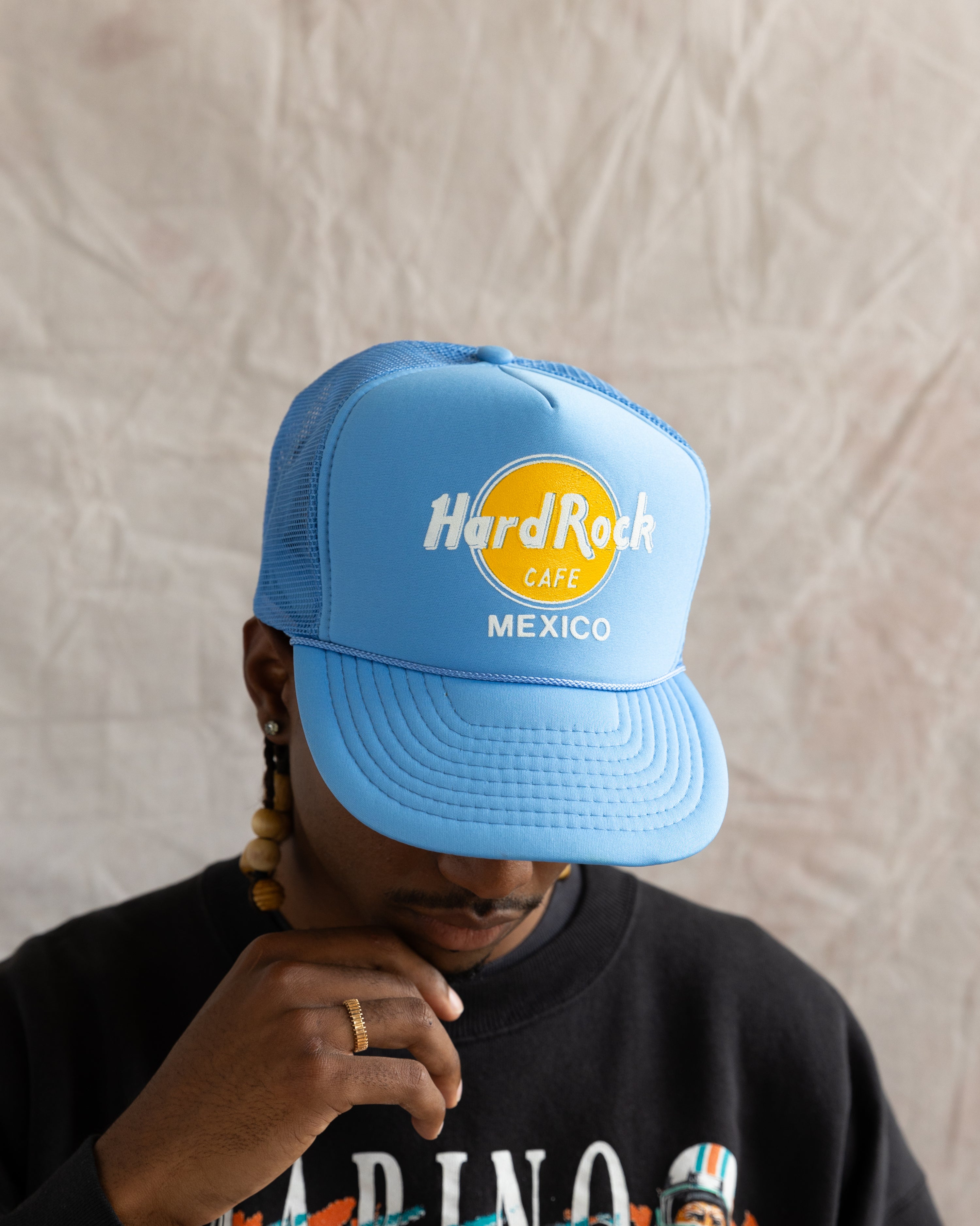 Vintage 90s Hard Rock Cafe Mexico Trucker Snapback Hat Baby Blue