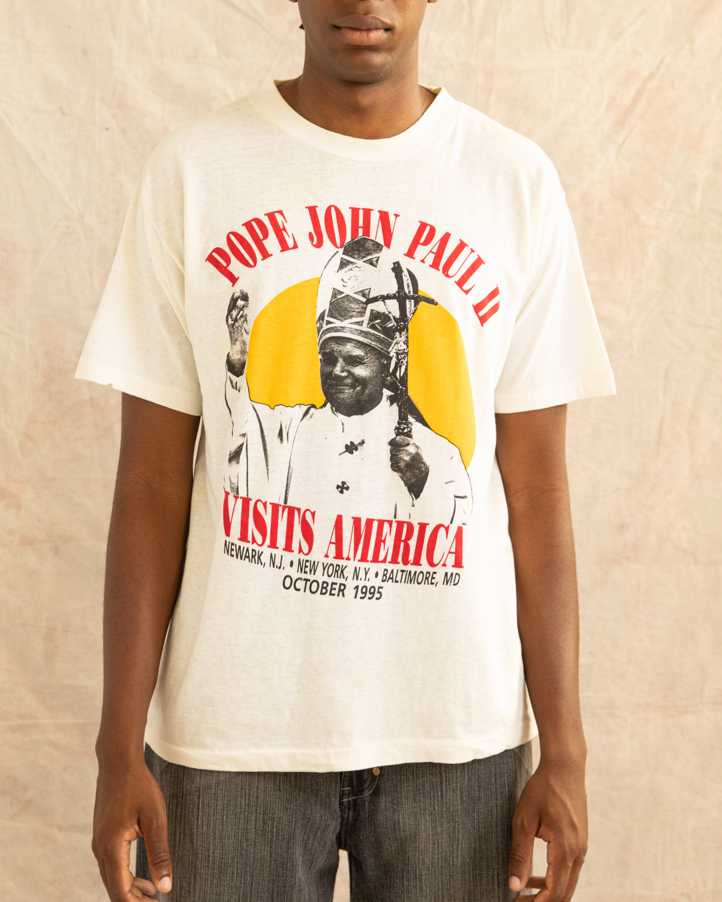 Vintage 1995 Pope John Paul Comes To America T-Shirt White (XL)