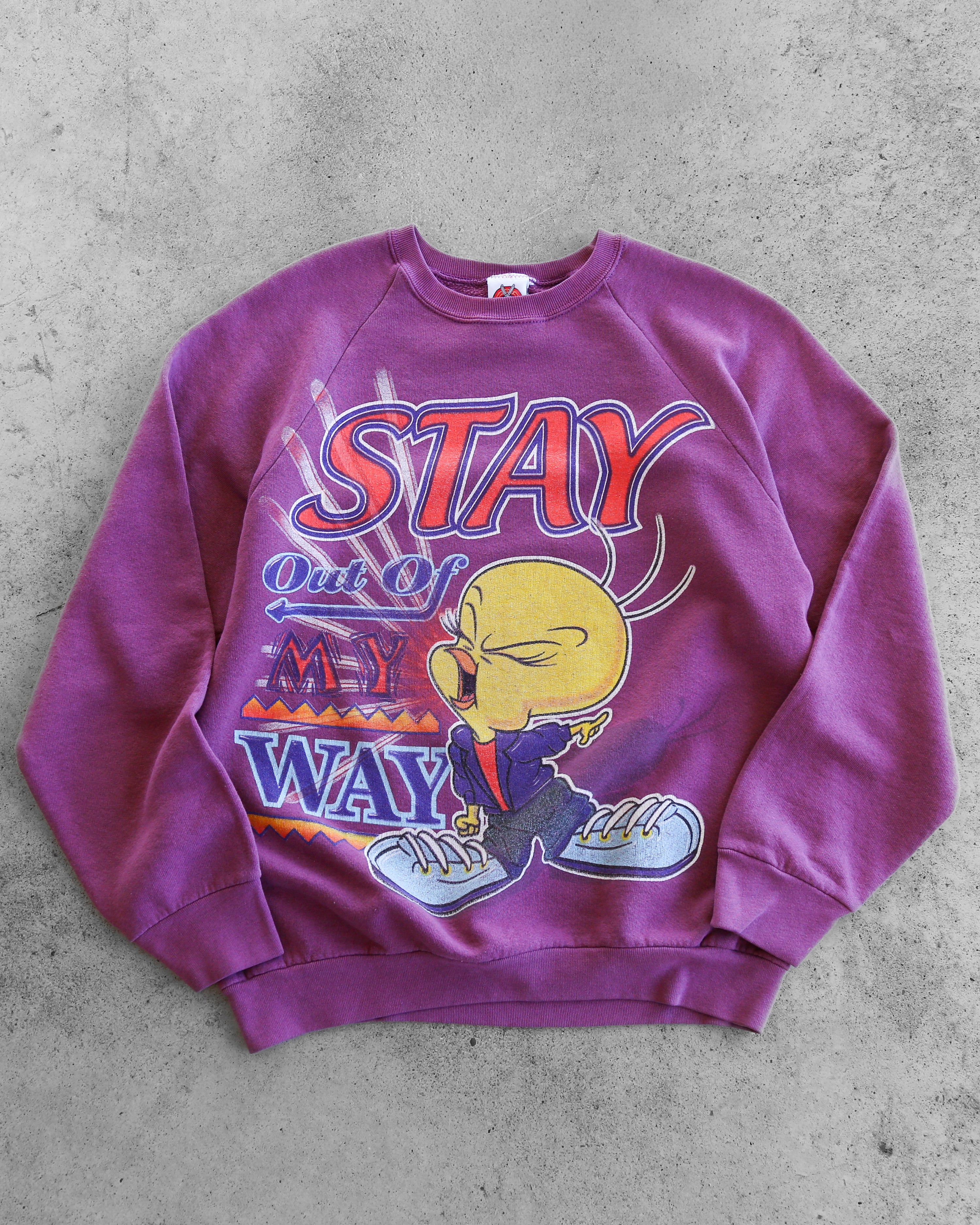 Tweety Bird 90's "Stay Out Of My Way" Looney Tunes Crewneck Purple (L)